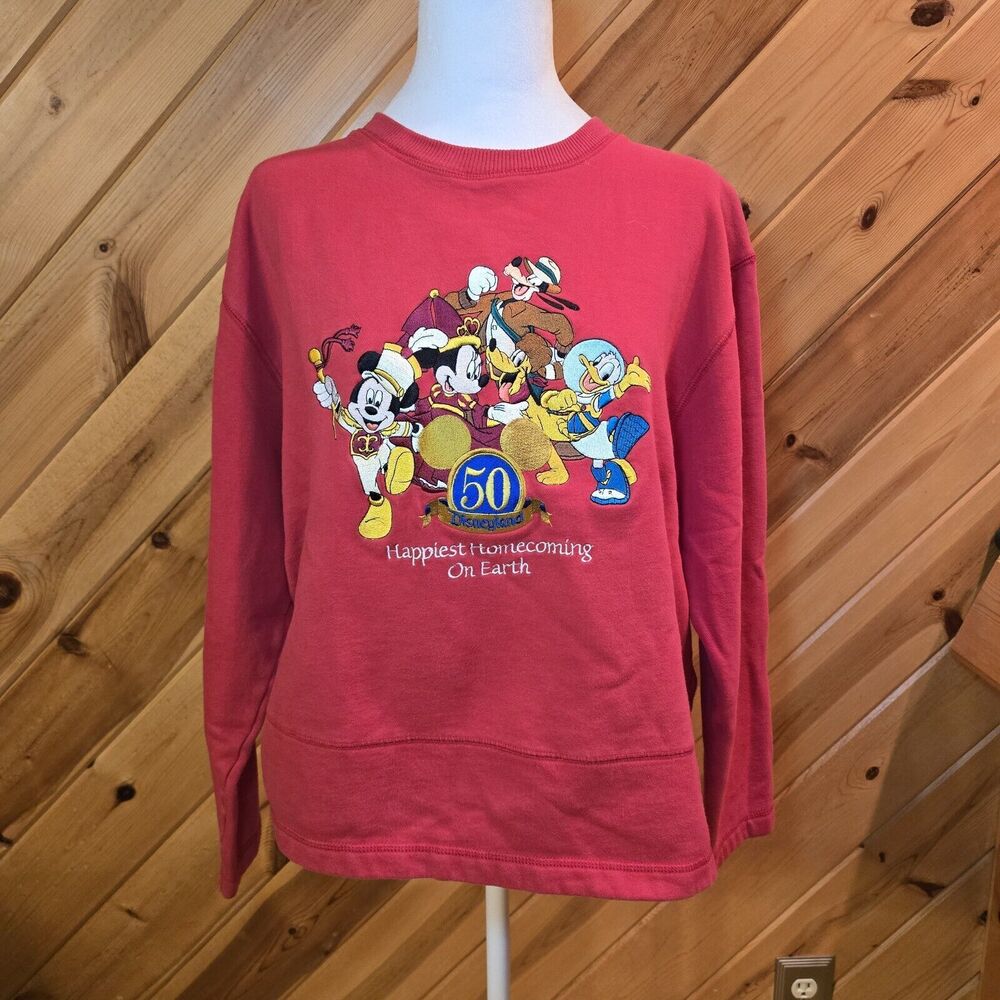 Disney 50th Anniversary Embroidered Sweatshirt‎ L Red Crewneck Cotton Blend
